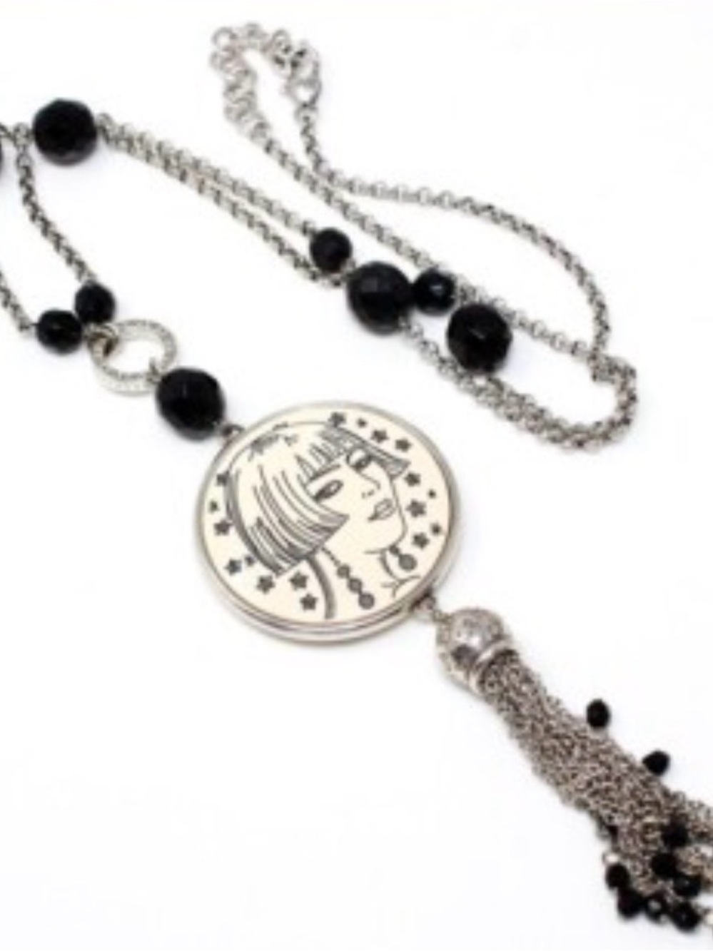 Brighton Nanette Fashionista Flapper Tassel Necklace Silver Black Medallion